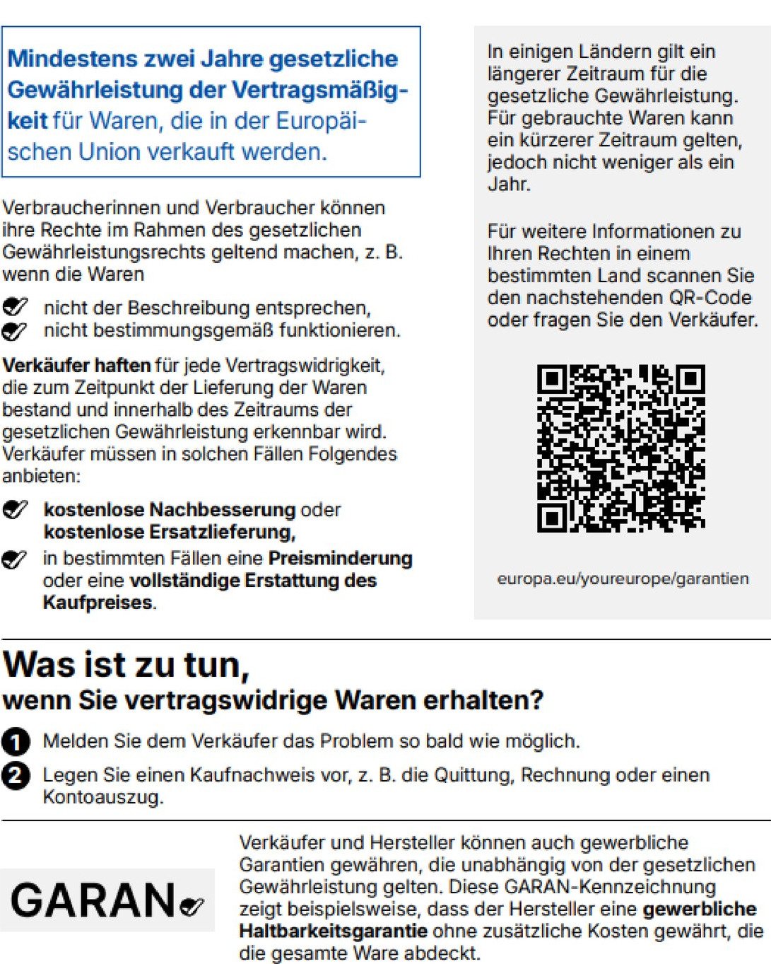 Gesetzliche Gewährleistung: Beim Kauf von Waren in der EU gilt ein gesetzliches Gewährleistungsrecht von mindestens zwei Jahren. Der QR-Code führt zu weiteren Informationen im Portal „Ihr Europa“.