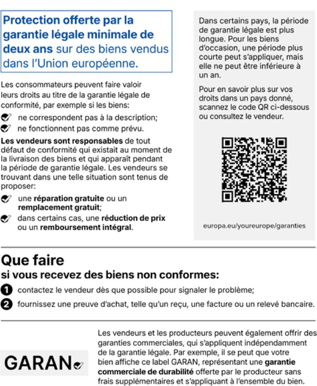 Gesetzliche Gewährleistung: Beim Kauf von Waren in der EU gilt ein gesetzliches Gewährleistungsrecht von mindestens zwei Jahren. Der QR-Code führt zu weiteren Informationen im Portal „Ihr Europa“.