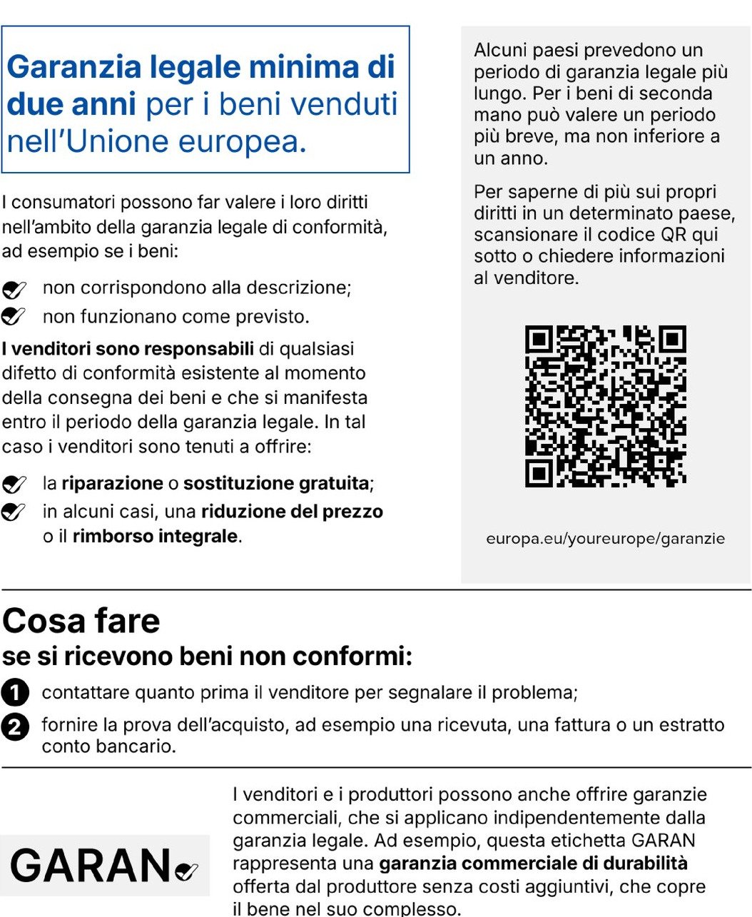 Gesetzliche Gewährleistung: Beim Kauf von Waren in der EU gilt ein gesetzliches Gewährleistungsrecht von mindestens zwei Jahren. Der QR-Code führt zu weiteren Informationen im Portal „Ihr Europa“.