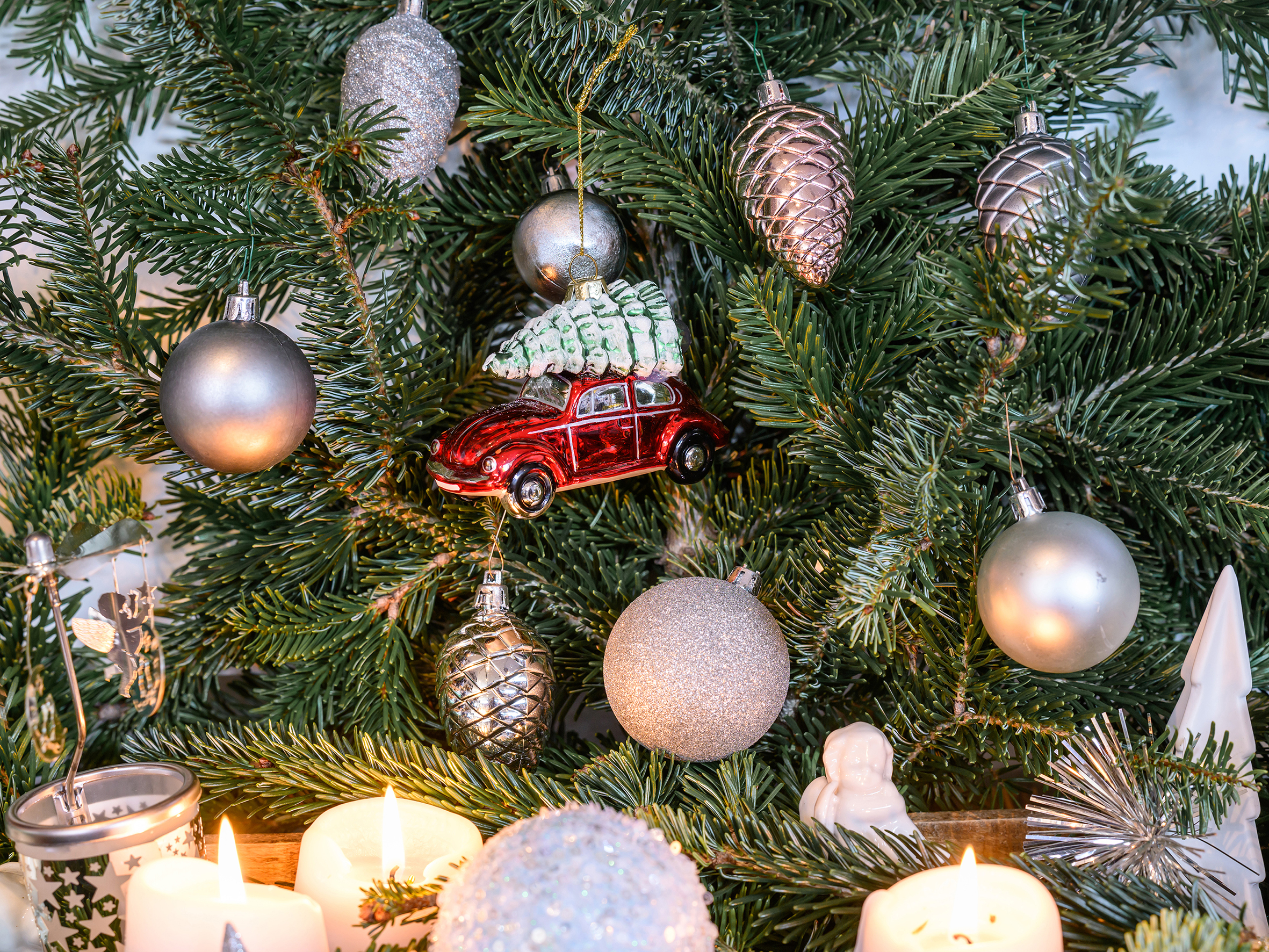 Colgante decorativo VW Escarabajo y adorno navideño de cristal en caja de regalo