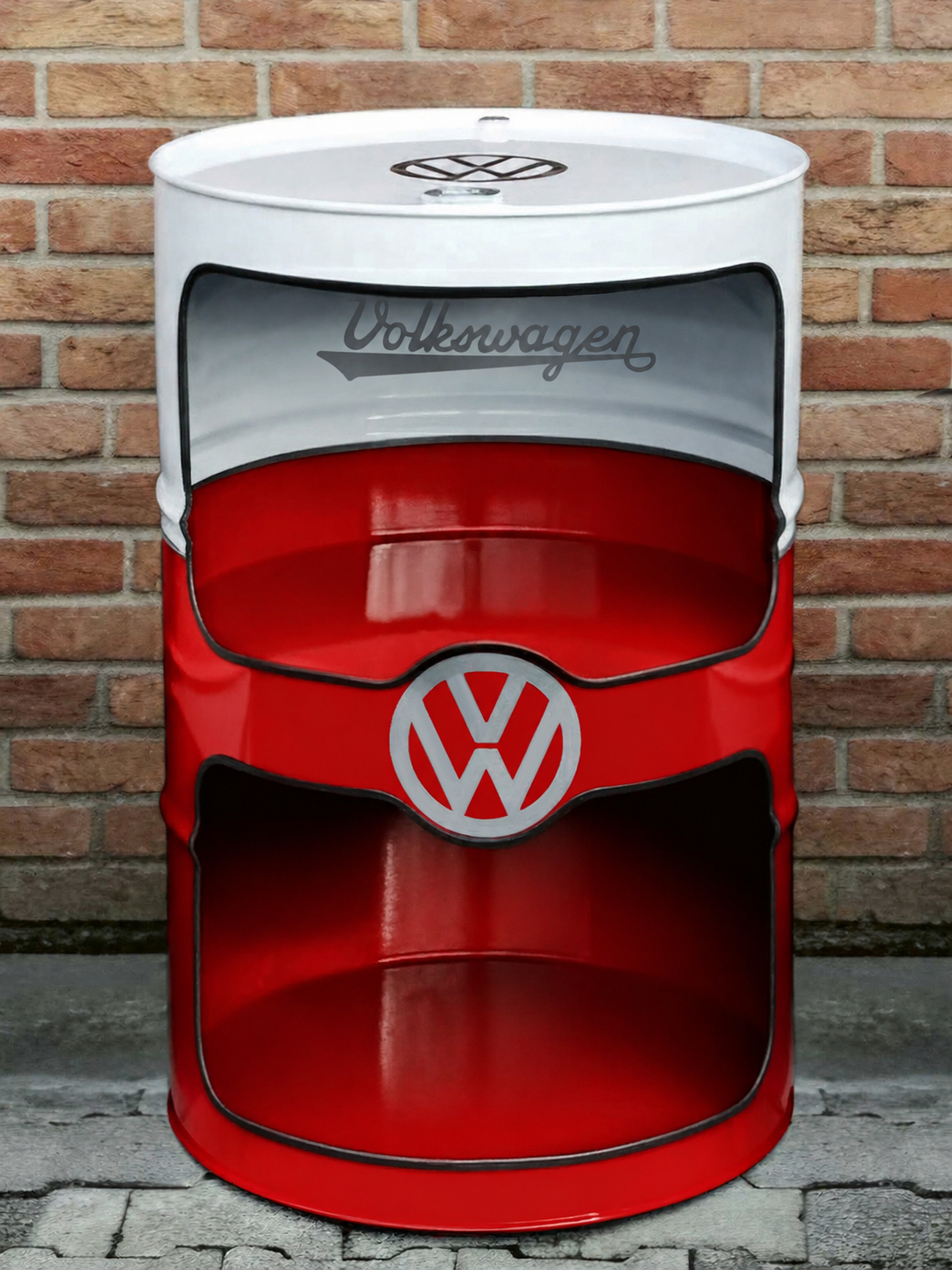 VW T1 Bus oil barrel display case with bar table in vintage look (red/white or blue/white)