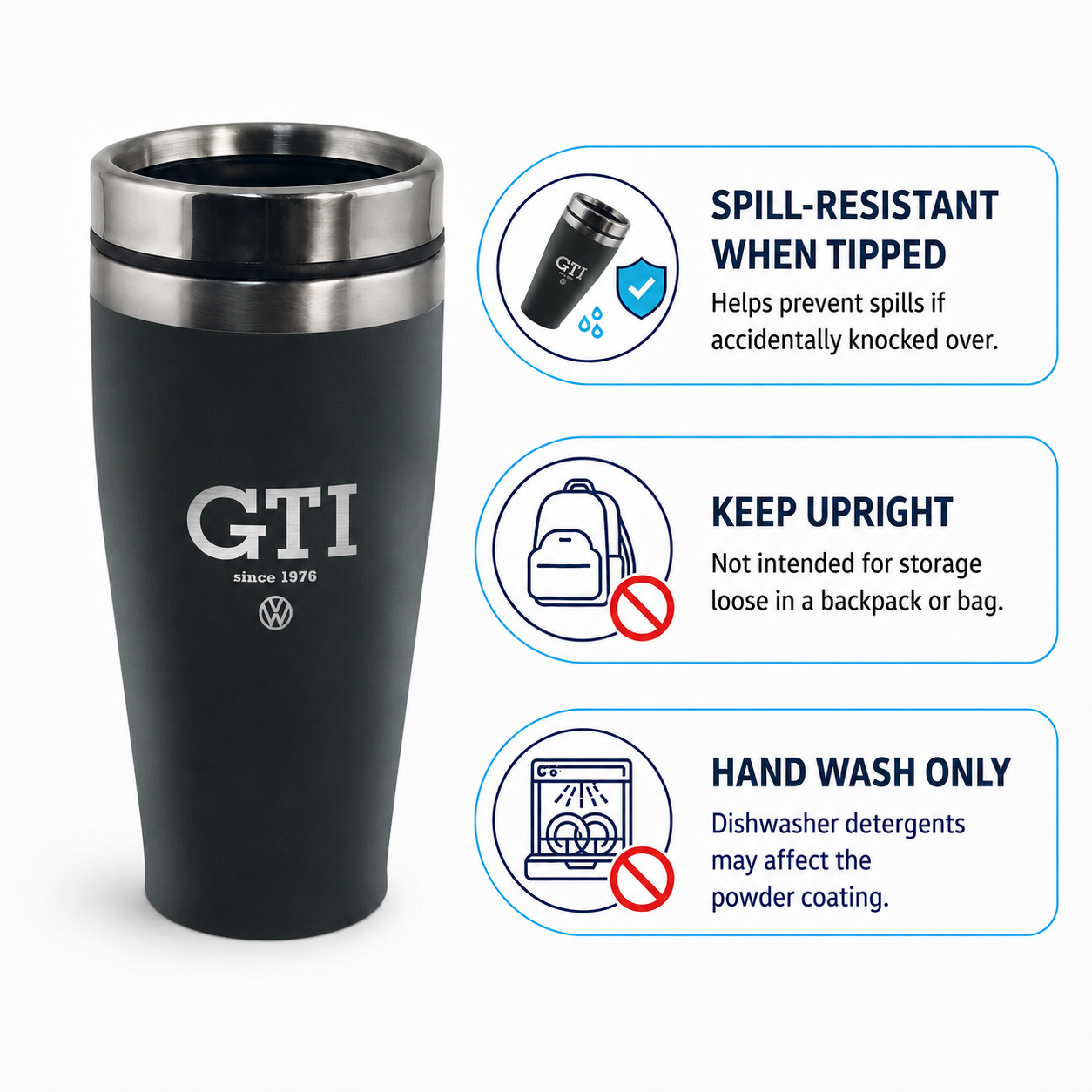 Taza térmica de acero inoxidable VW GTI, doble pared, 450 ml