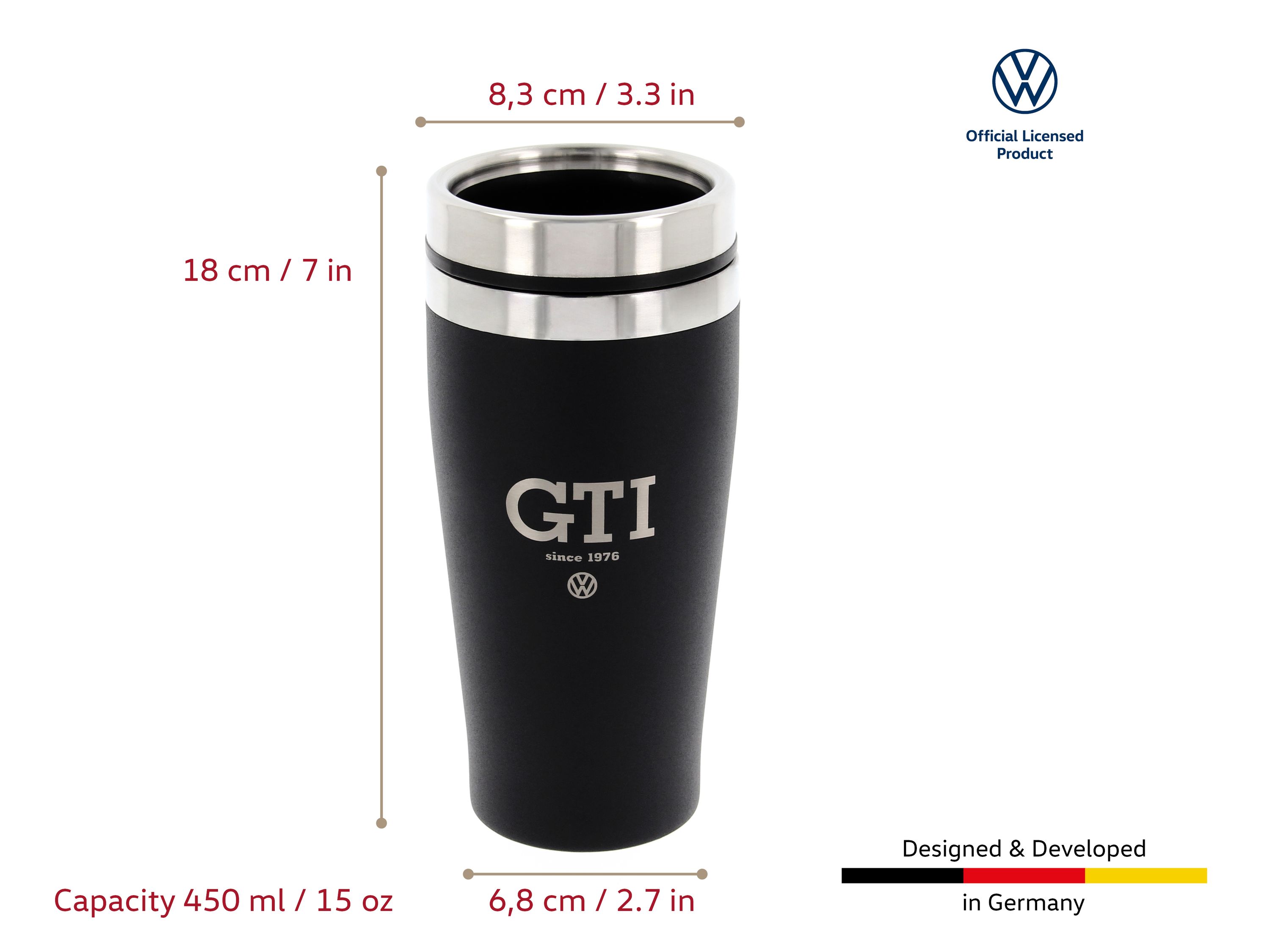 Taza térmica de acero inoxidable VW GTI, doble pared, 450 ml