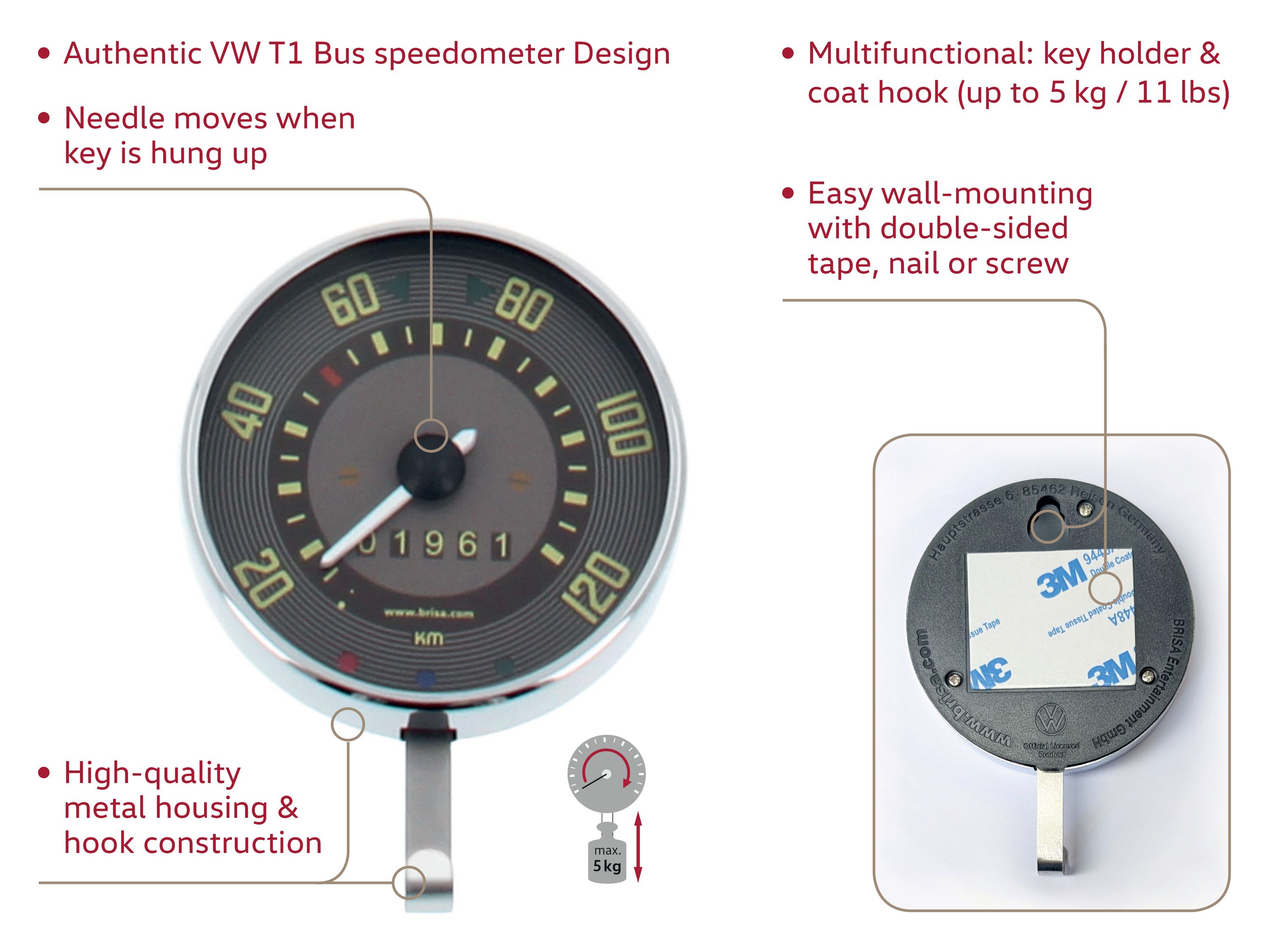 VW T1 Camper Van Wall-Mounted Key Holder in Speedometer Design (in Gift Box)