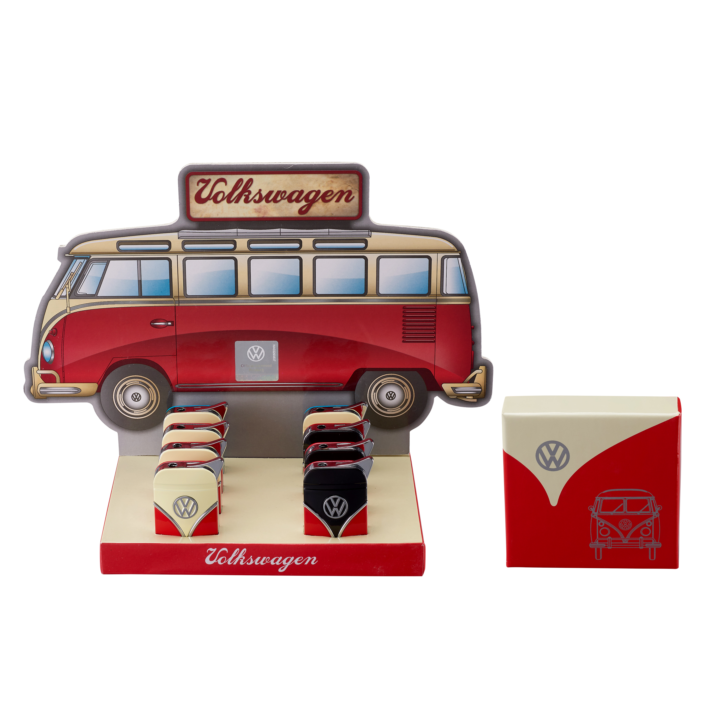 VW T1 BUS LIGHTERS IN GIFT BOX, SET OF 8 IN 3 COLORS IN DISPLAY.