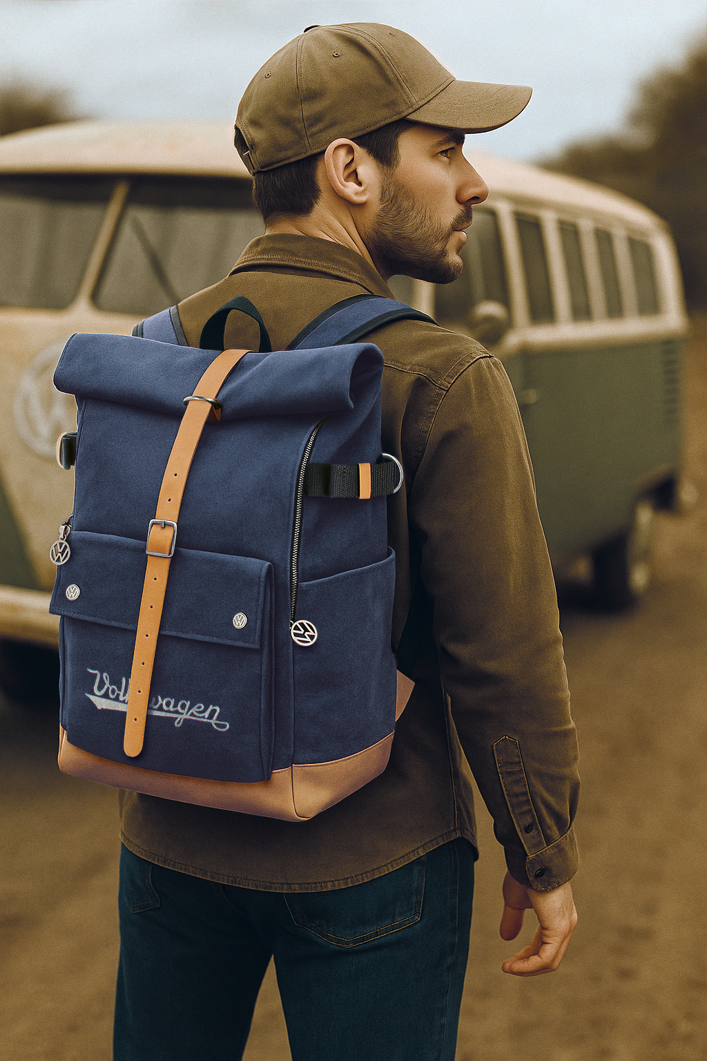 Rolltop Reise-Rucksack aus Rindsleder & gewachstem Segeltuch, wasserabweisend (25-35 Liter)