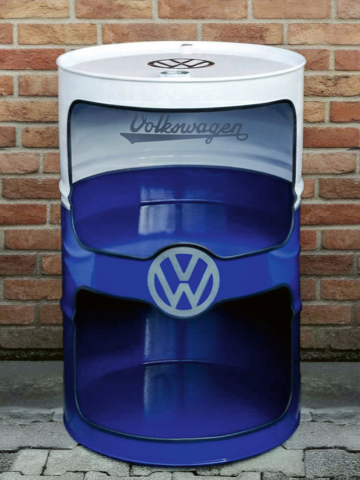 VW T1 Bus oil barrel display case with bar table in vintage look (red/white or blue/white)